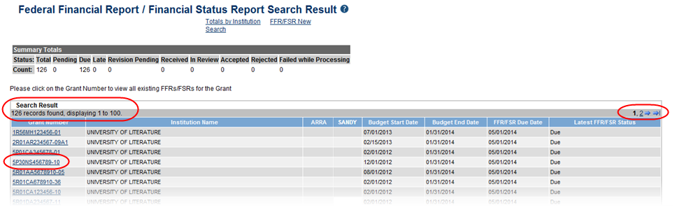 Sample of grants on the search result hit list