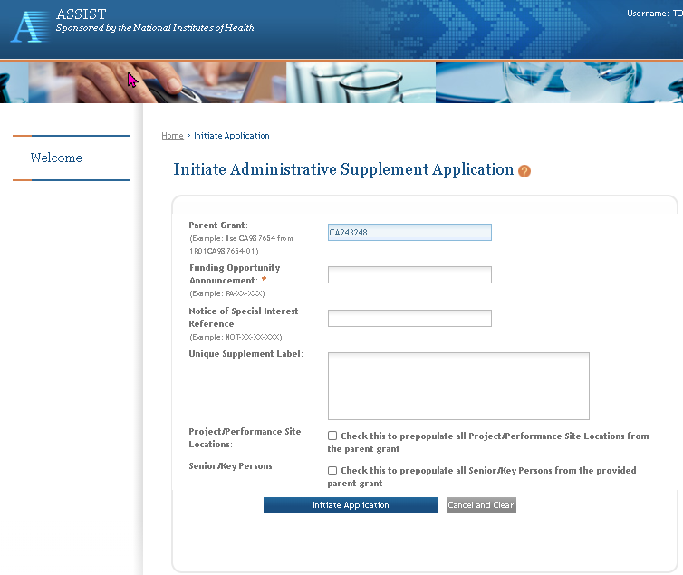 ASSIST Initiate Admin Supplement with Parent Grant filled in