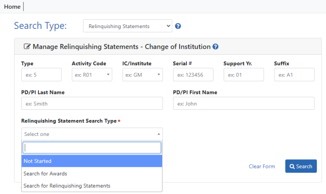 Manage Relinquishing Statements search screen with three search types shown