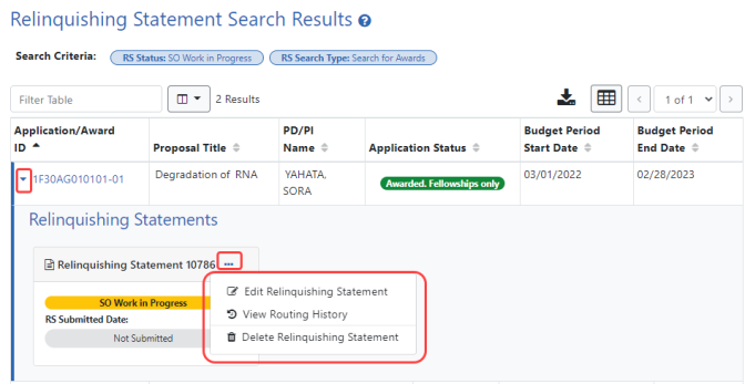 Relinquishing Statement Search Results showing the expand arrow and three-dot ellipsis menu with possible actions