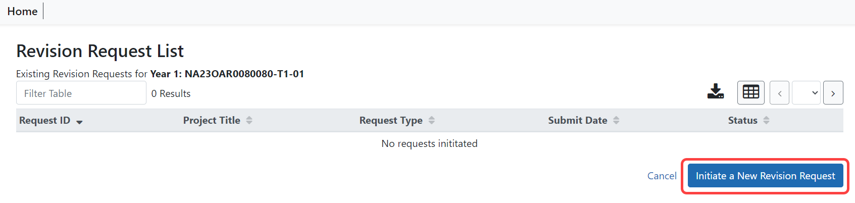 Revision Request List screen with Initiate a New Revision Request button outlined in red