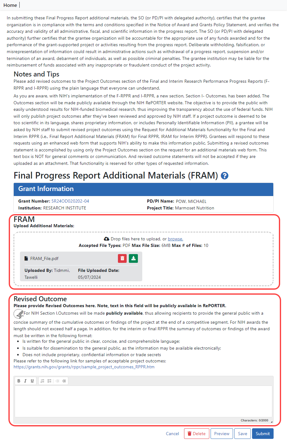 FRAM screen for Revised Outcomes