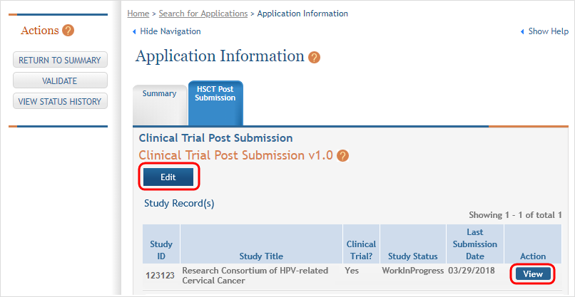 Edit and View buttons highlighted on HSS ost Submission screen