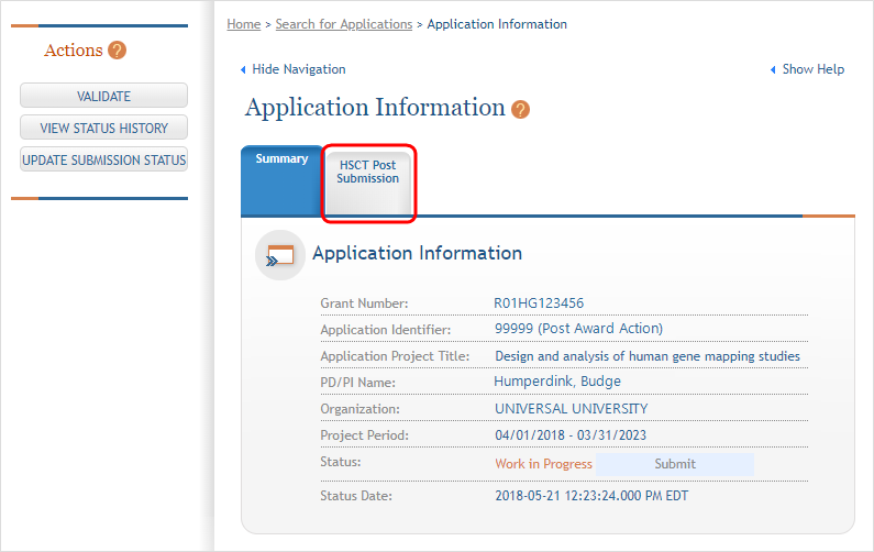 HSCT Post Submission tab