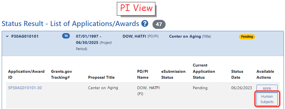 Status result for PI highlighting Human Subjects as an Available Action