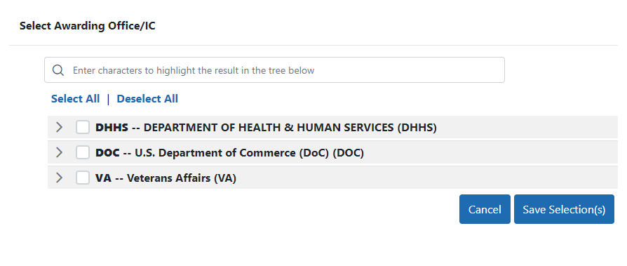 Select Awarding Office/IC popup, where you can narrow a search to awards granted only by specific agencies, departments, or ICs