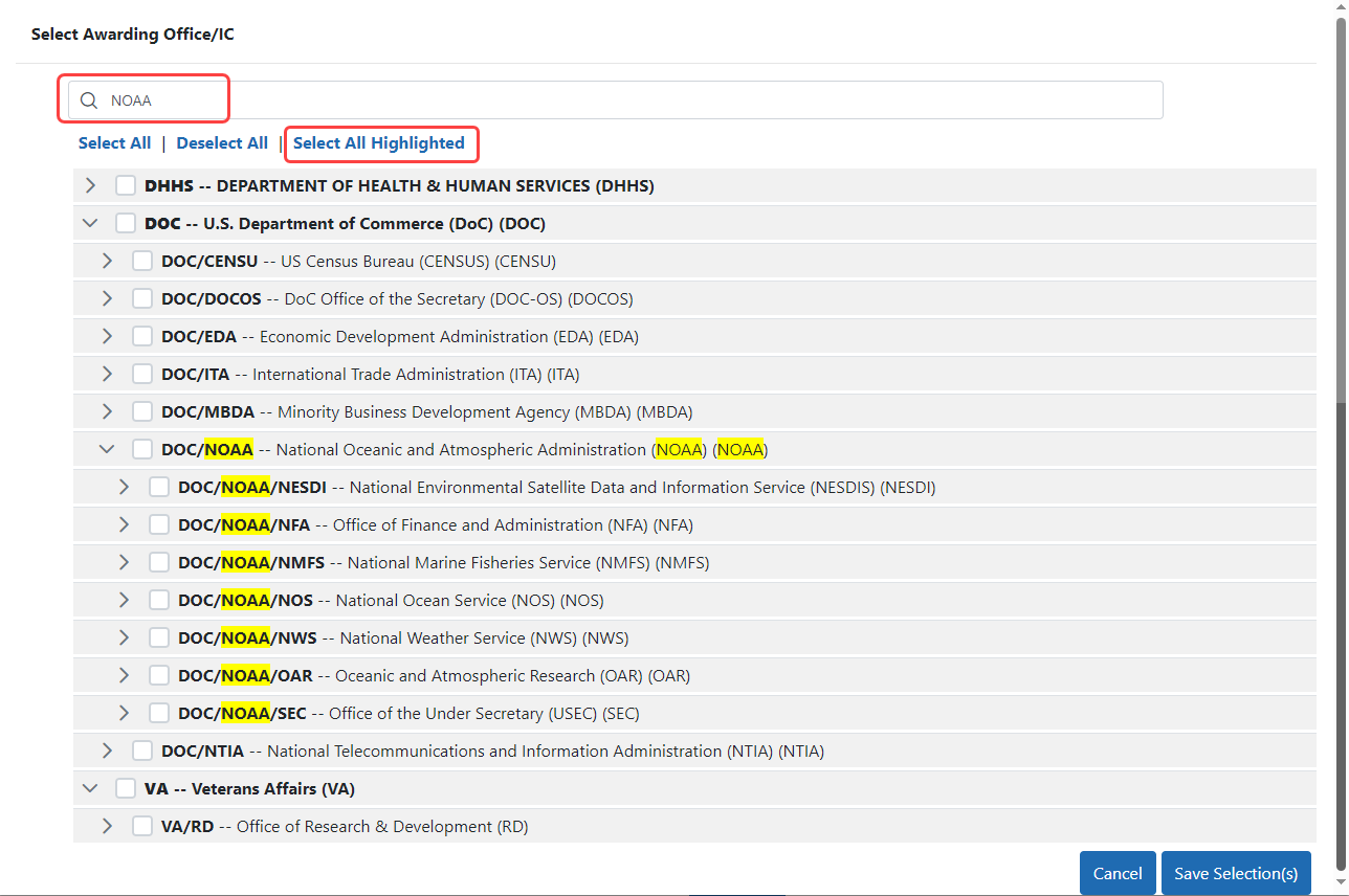 Select Awarding Office/IC popup, showing highlighted items, which can be selected all at once by clicking the Select All Highlighted option 