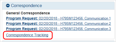 Correspondence Tracking link on Grant Folder screen