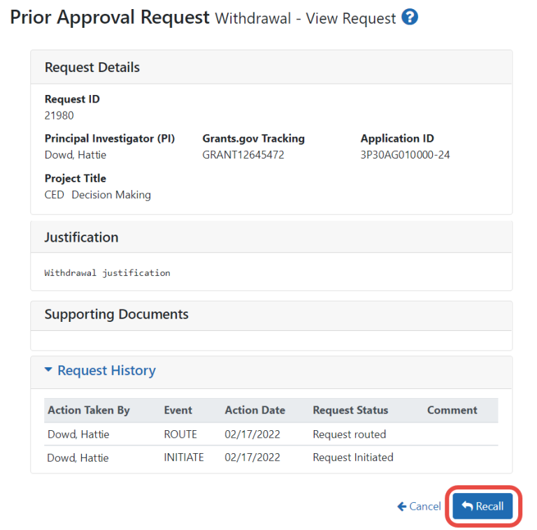 Prior Request View screen with Recall button outlined