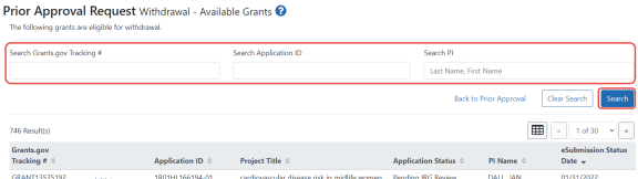 The SO can search within results after selecting a request type by entering criteria and clicking Search.