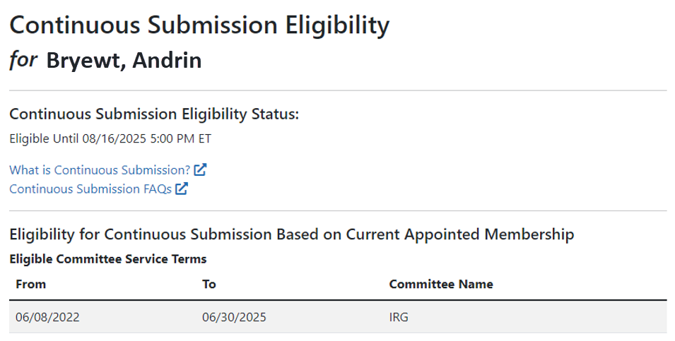 Continuous Submission Eligibility screen