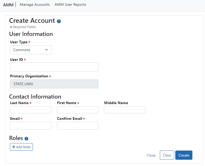 Create Account screen defaults to SO's organization and user type = Commons