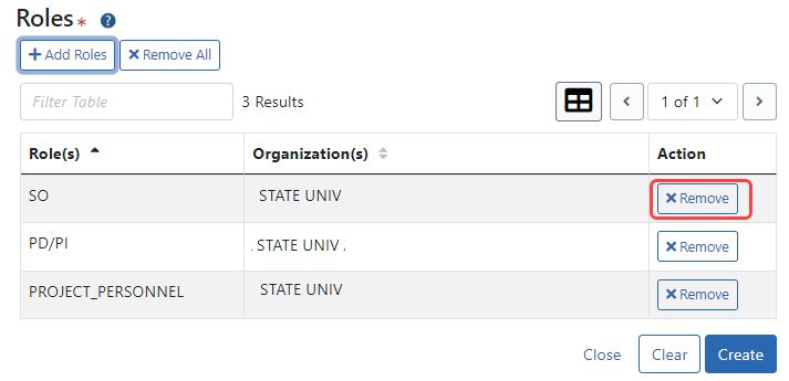 Roles section of Create Account screen showing Remove buttons next to roles