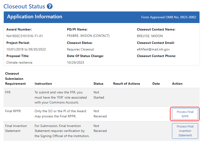 Closeout Status screen showing Process Final RPPR button, outlined