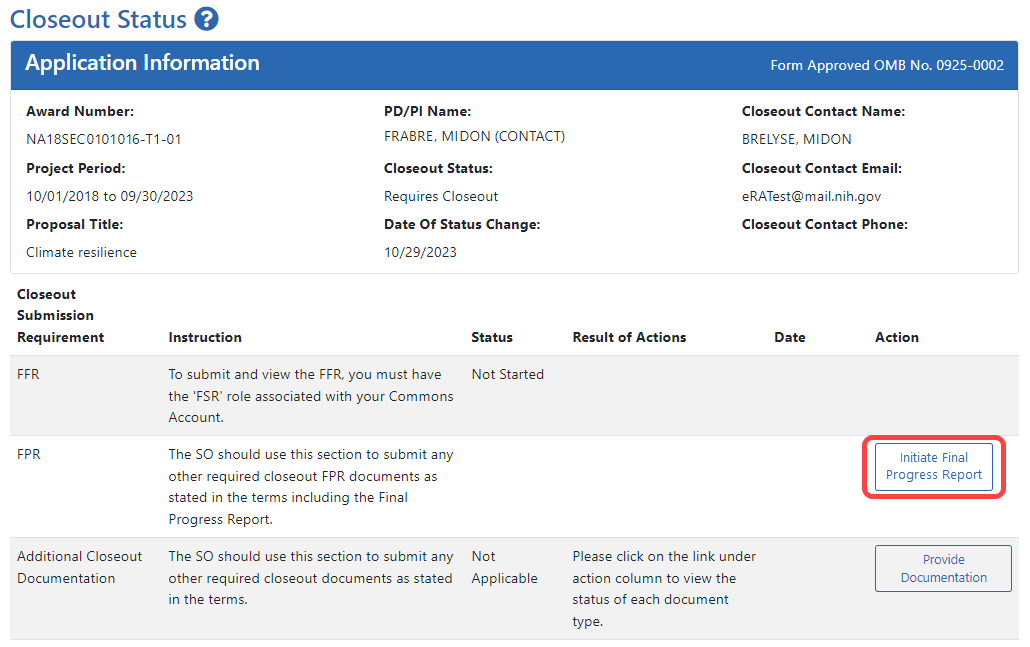 Closeout Status screen showing Initiate Final Progress Report button outlined