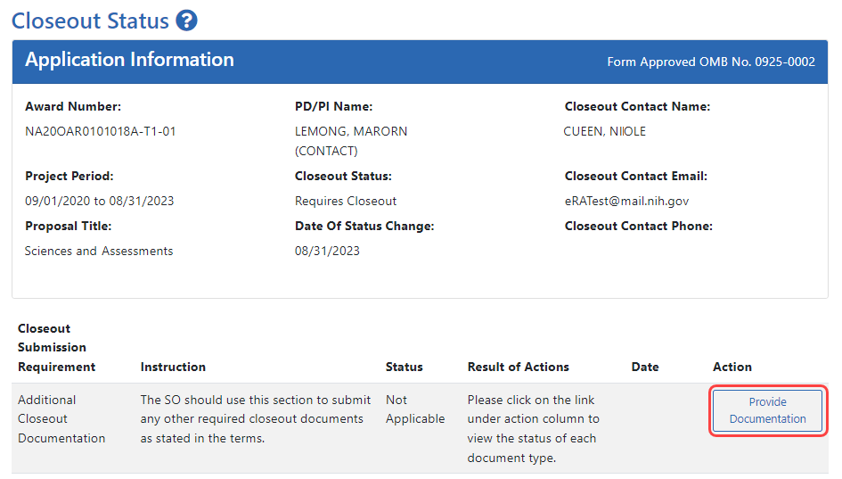 The Closeout Status screen showing the Provide Documentation action