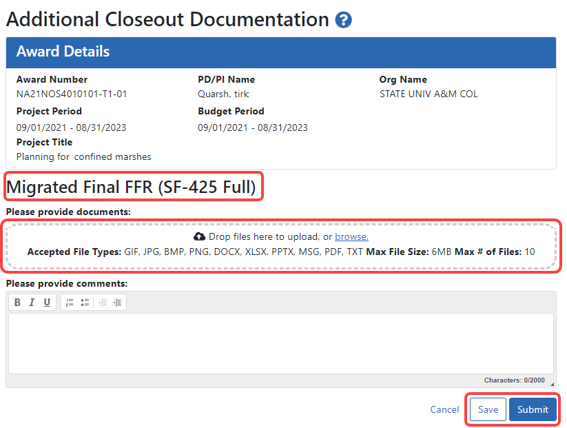 Upload screen for Additional Documentation action in Closeout
