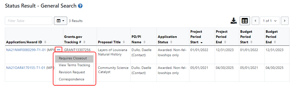 Signing official Requires Closeout link in Status module