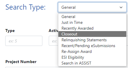 Search Type dropdown in Status for SOs showing the Closeout search option