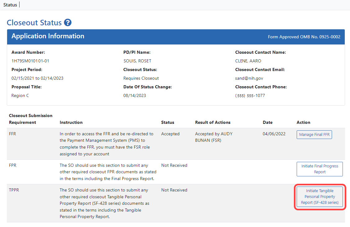 Closeout Status screen showing Initiate Tangible Personal Property Report action, outlined
