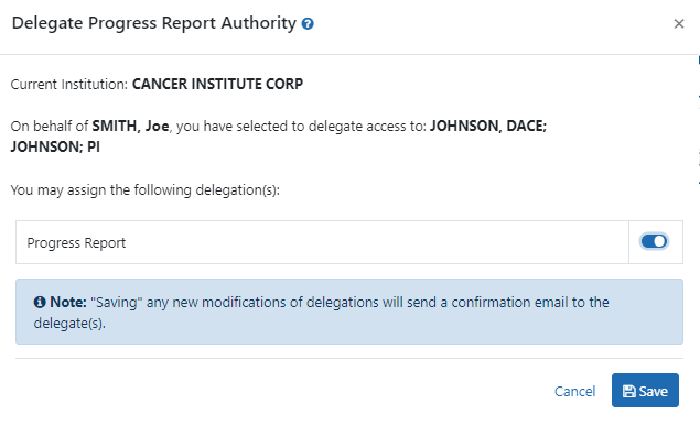 Delegate progress Report Authority Popup with Toggle