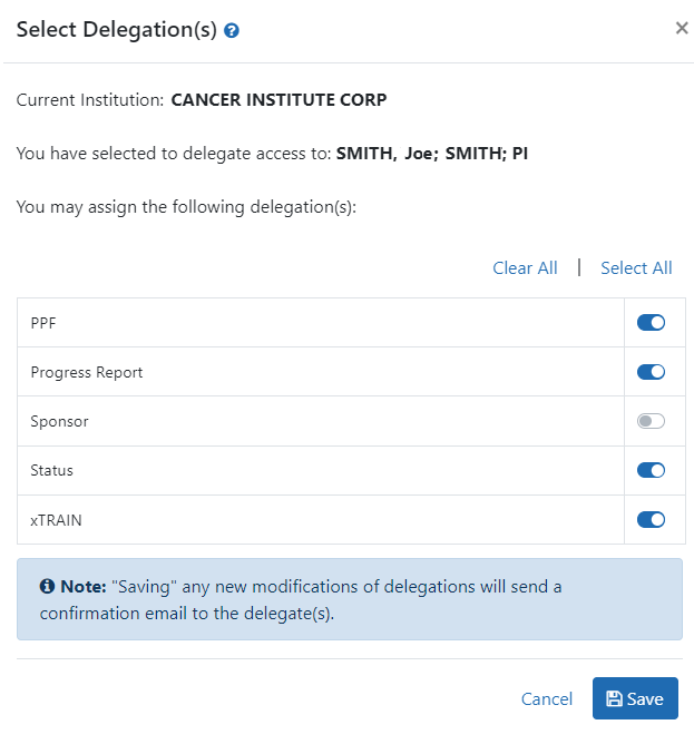 Toggles  for turning delegation on or off