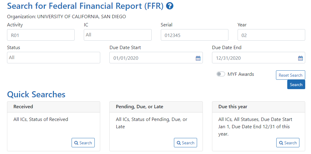 Search screen showing parameters and quick search options