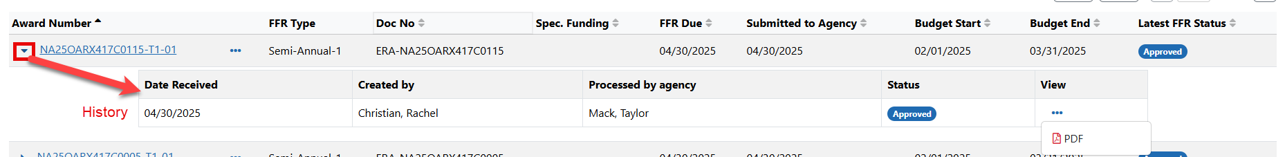 FFR History, which appears when you click an item's triangle icon to show additional information.