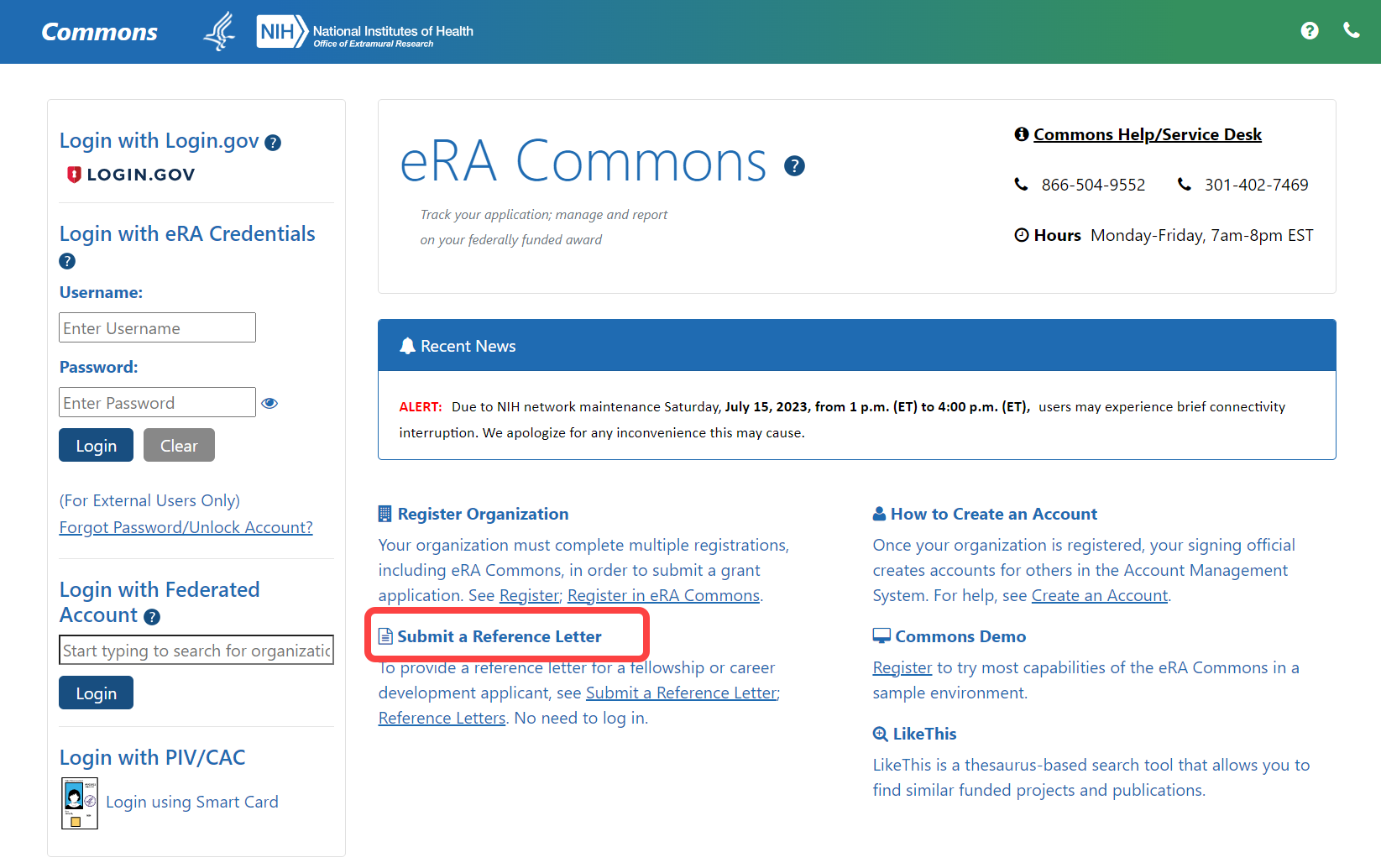 Commons home page highlighting reference letter link