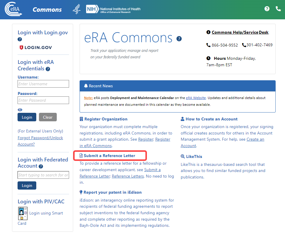 Commons home page highlighting reference letter link