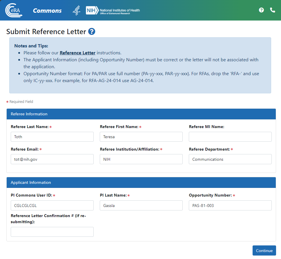 Submit Reference Letter screen