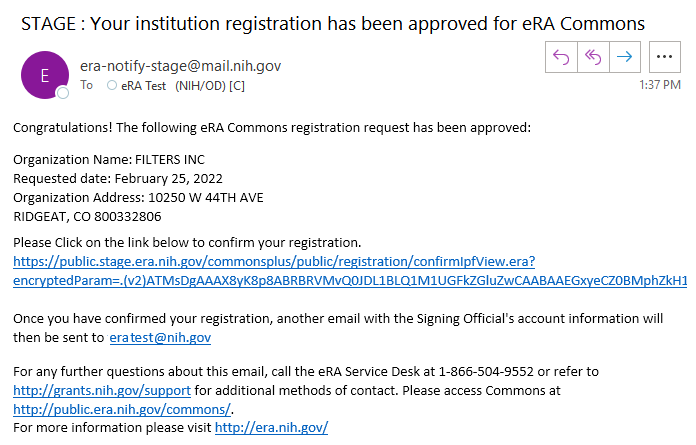 Email that registration request was approved