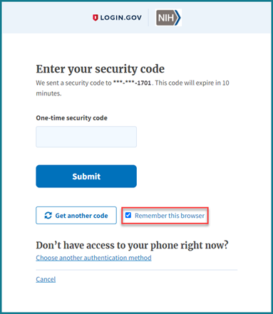 Login.gov Remember This Browser Option on Authentication Screen