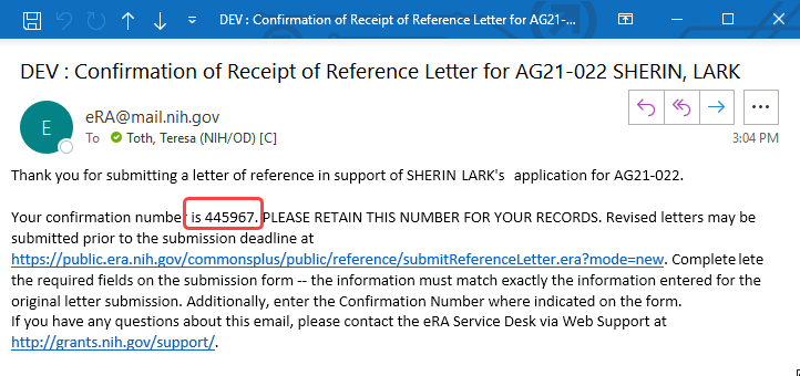 Confirmation email received by referee after submitting reference letter.