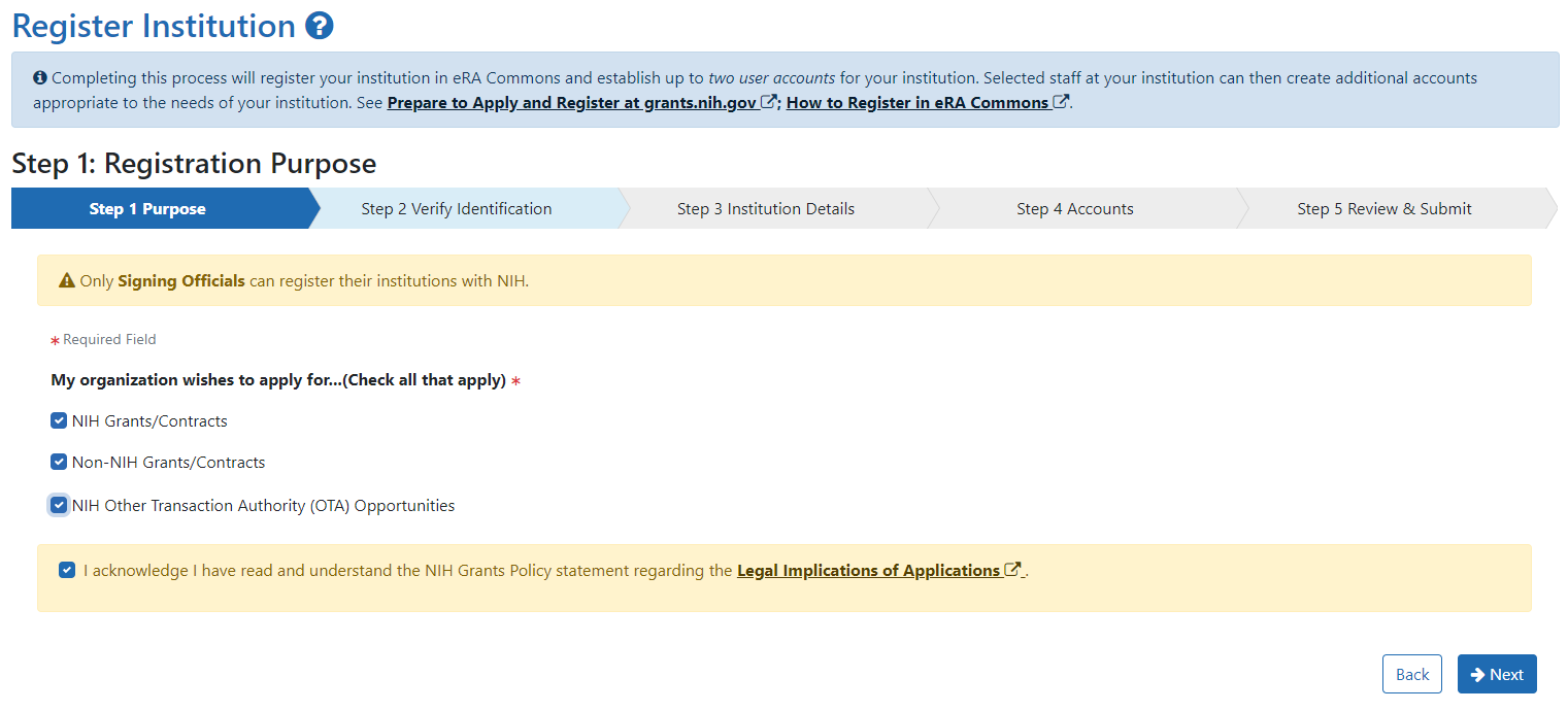 Step 1 Registration Purpose screen