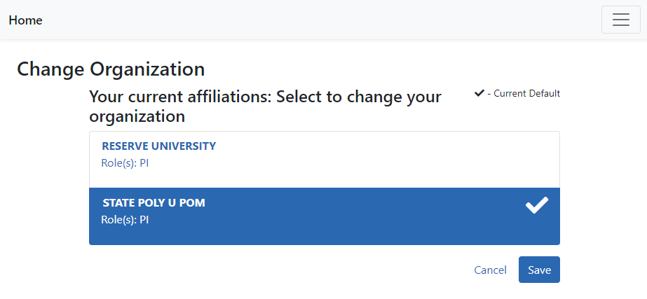 Change Organization screen where you can choose the affiliation for this eRA Commons session if you are affiliated to more than one institution