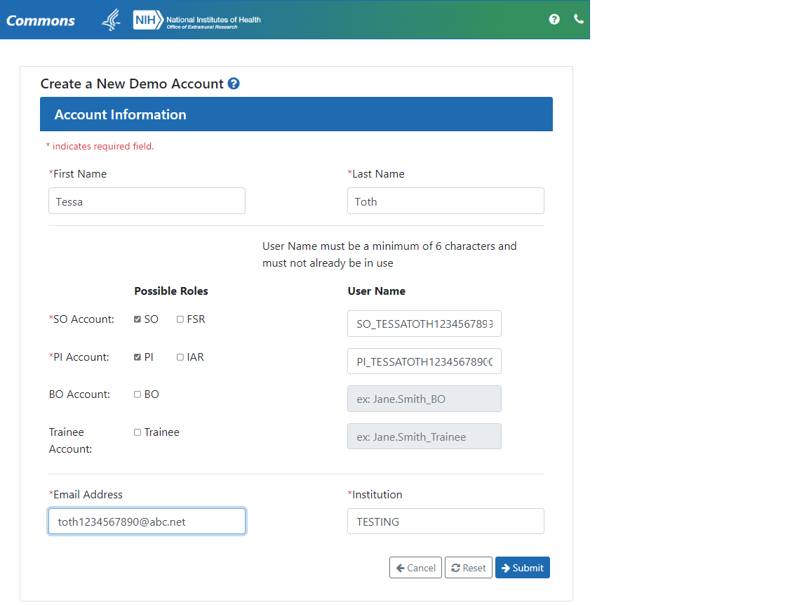 Create a New Demo Account screen