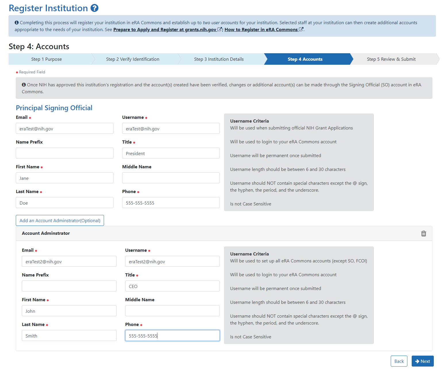 Step 4 Accounts screen