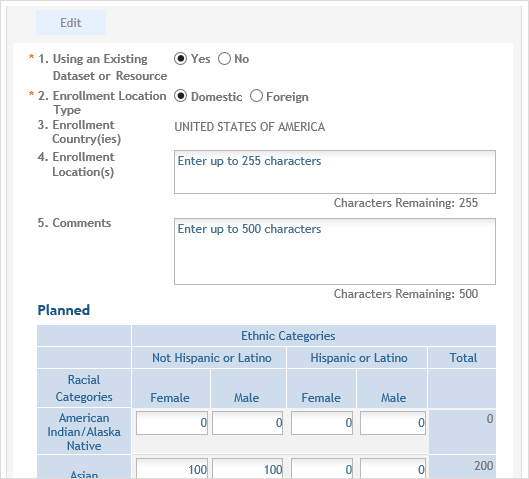 screenshot showing the Planned Enrollment section of the IER in editable view
