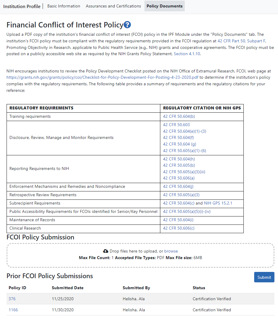Policy Documents tab of Institution Profile, where you can upload the institute's FCOI policy and view prior policies that were submitted