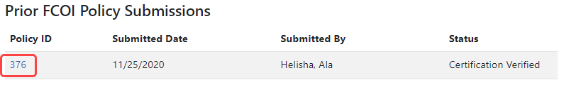 Click the policy ID in the Prior FCOI Policy Submissions area