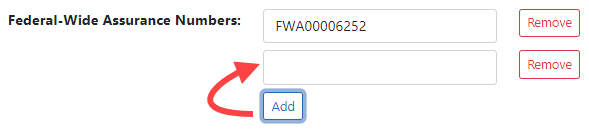 About the Institution component showing the text fields/boxes displayed after selecting the Add button for FWA