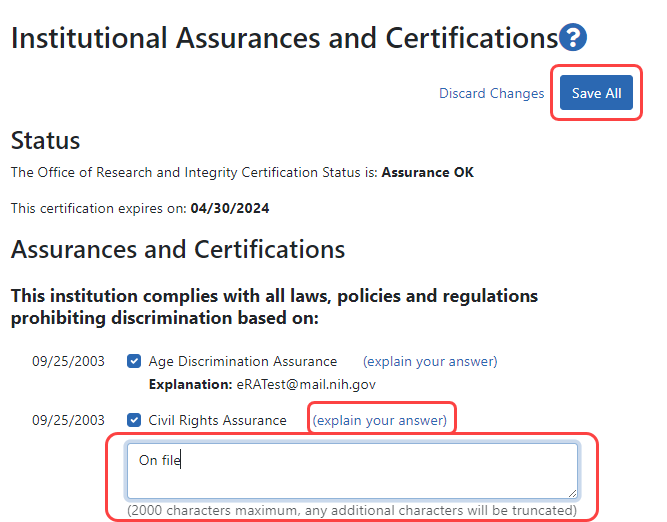 Portion of the screen highlighting a sample checkbox, "explain your answer" text box, and the SAve All and Discard Changes buttons
