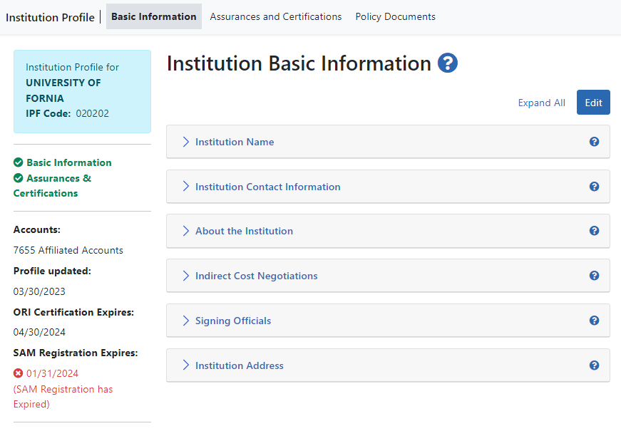 Basic Information tab of IPF (collapsed)