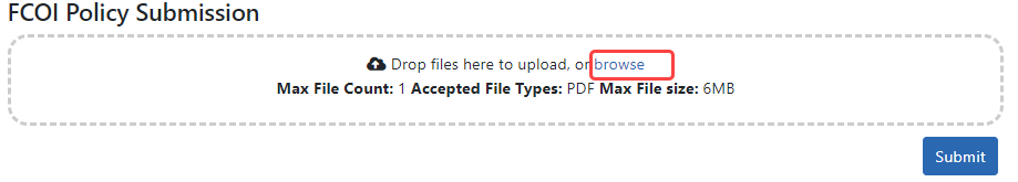FCOI Policy Submission area to upload a policy document