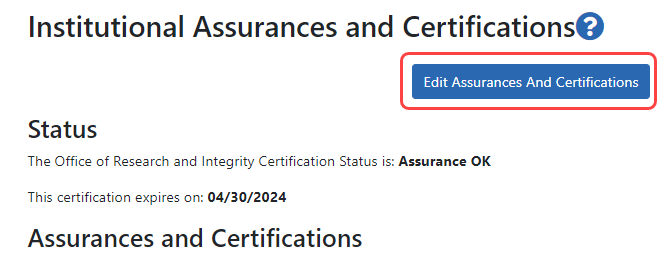 Top portion of the screen focusing on the Edit Assurances and Certifications button