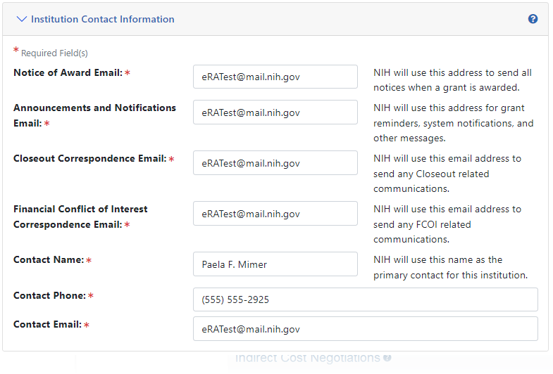 Portion of the screen showing the Institution Contact Information componment in Edit mode