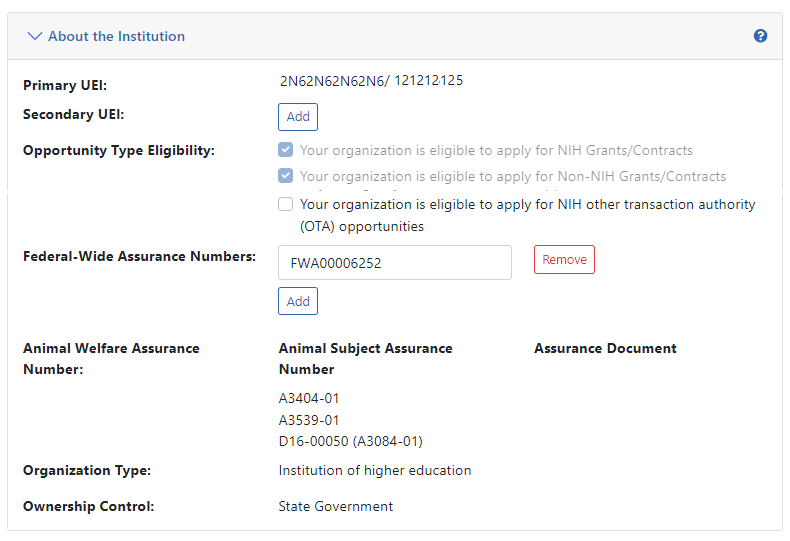 Portion of screen showing the About the Institution component in Edit mode