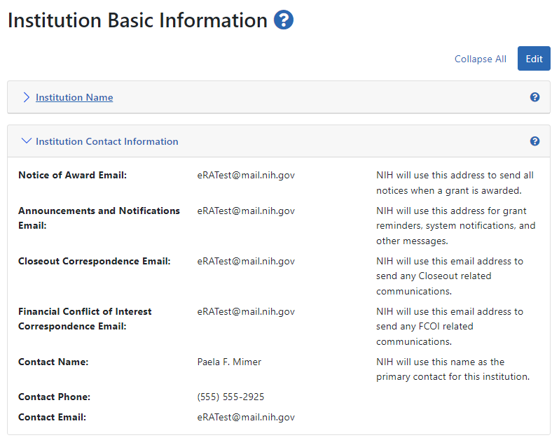 Portion of the screen showing the Institution Contact Information component in View mode