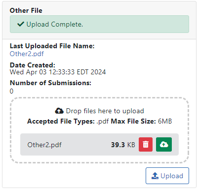 File Uploaded for JIT, showing Upload Complete message. Click Delete to remove it, or click its linked name to view it. 